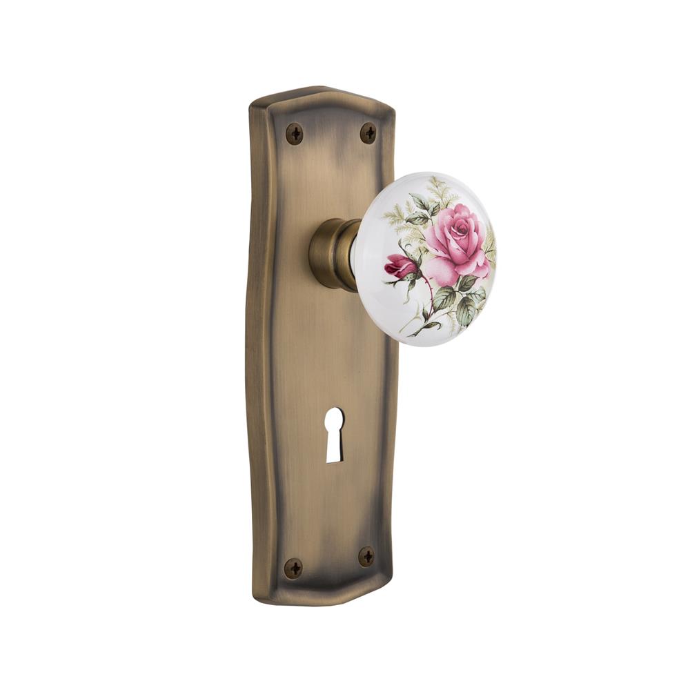 Nostalgic Warehouse PRAROS Mortise Prairie Plate with Rose Porcelain Knob with Keyhole in Antique Brass